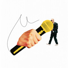 Poster. Contemporary art collage. Talented young man, dressed fashion leather costume, holding his huge arm microphone and singing. Concept of music and rhythm, festivals and concerts.