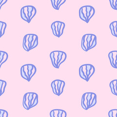 Vector floral seamless pattern. Abstract striped blue petals in hand drawn style on pink background. Retro vibe. Cottage core. Design for fabric, wallpaper, wrapping paper, cover, poster, invitation