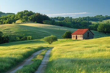 Obraz premium A peaceful countryside scene with rolling hills, a small farmhouse, and a clear blue sky. 