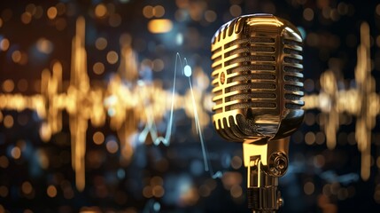 Golden microphone with a vintage design, positioned in front of a dynamic background featuring abstract sound waves and bokeh lights, creating an elegant and lively atmosphere
