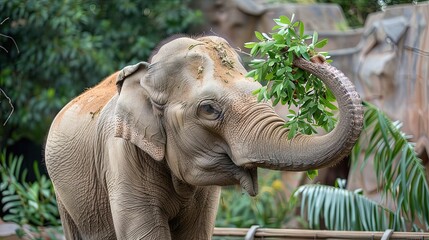 Fototapeta premium Elephant Eating: An elephant pulling leaves from a tree with its trunk.