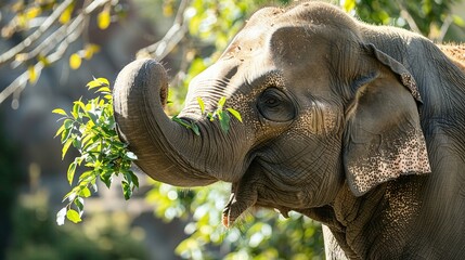 Fototapeta premium Elephant Eating: An elephant pulling leaves from a tree with its trunk.