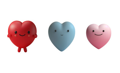 3D Render Illustration: Cute Set of Hearts - Red, Blue, and Pink Cartoon Characters, Isolated on Transparent Background, PNG