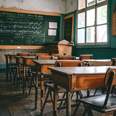 An empty vintage classroom with wooden desks and a chalkboard. Back to school.
