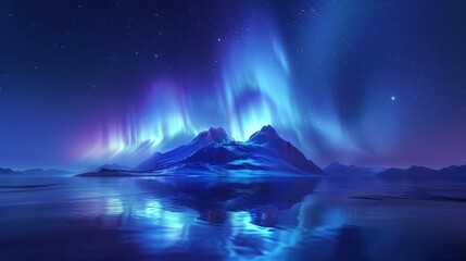 Naklejka premium Sapphire Northern Lights Vector Illustration: Glowing Streaks, Starry Sky, Symmetrical Composition with Water Reflection, Digital Art