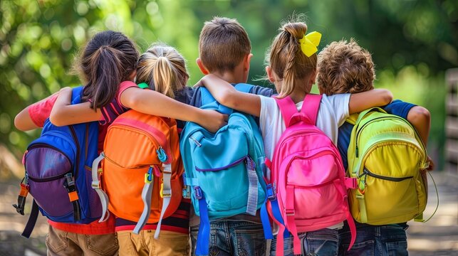 A group of kids with colorful backpacks Hugging together for back to school day.