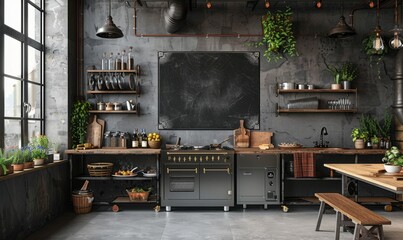 Industrial kitchen with a mockup chalkboard on the wall