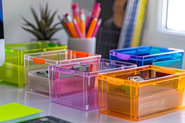 office organizers made of translucent polypropylene material,  file boxes, and desk accessories, keeping workspace organized, clean  and tidy
