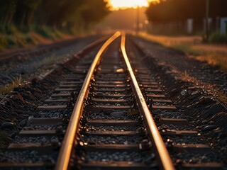 Train tracks leading towards the sunset, symbolizing journey, travel, and new beginnings.