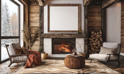 Rustic living room with an empty frame above the fireplace