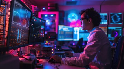 Cybersecurity professional monitors data streams and network security amid high-tech screens and equipment. AIG58