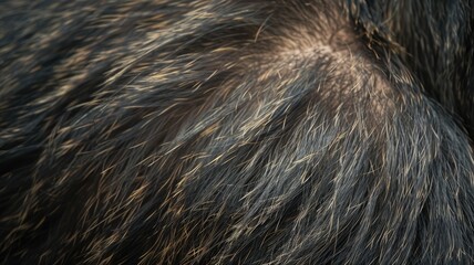 Close-up of dark fur with grey and brown streaks