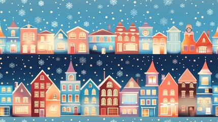 Obraz premium Vibrant seamless illustration of a whimsical winter town with colorful buildings under a snowy night sky. Festive, holiday magic concept.