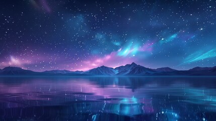 Sapphire Northern Lights Vector Illustration: Glowing Streaks, Starry Sky, Symmetrical Composition with Water Reflection, Digital Art