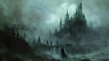 vampire aesthetic silhouette standing near gothic castle dark fantasy illustration in green blue color palette
