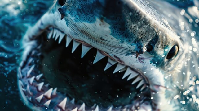 Close-up of great white shark showing sharp teeth underwater
