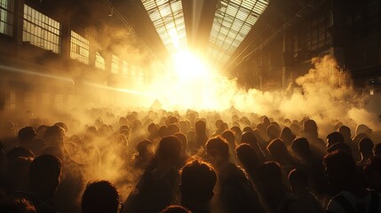 Crowded Industrial Building Filled With Fog and Bright Light During Event