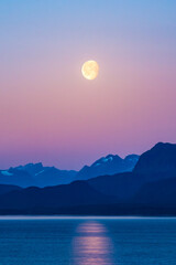 Moonrise Over Mountains of Norway, Colorful Ocean Moonrise