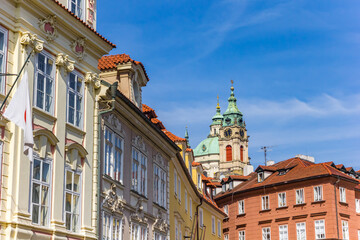 Historic Mala Strana neighbourhood with the Nicholas church in Prague, Czechia