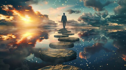 Man Walking on Floating Stepping Stones in Surreal Landscape