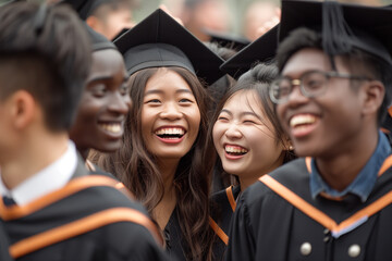 Fototapeta premium Group portrait of happy excited graduates in academic gowns and caps holding diploma scrolls