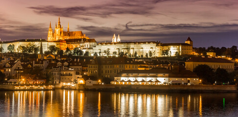 Panoramic night view over the historic castle district in Prague, Czechia