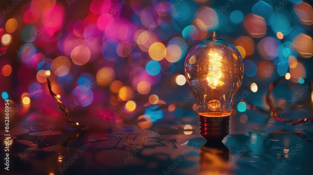 Wall mural glowing light bulb with colorful bokeh background