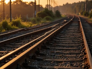Naklejka premium Train Tracks at Sunset. Golden Hour Illuminates Empty Railroad