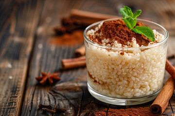 Creamy rice pudding with cinnamon in bowl, Scandinavian rice porridge, Turkish sutlac, Brazilian dessert made of rice and condensed milk called arroz doce