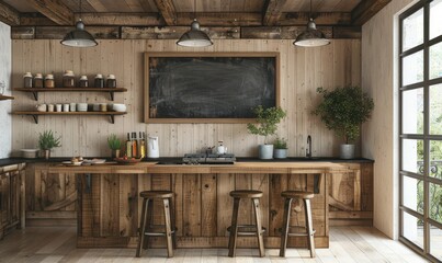 Serene kitchen with a blank chalkboard on the wall