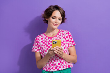Photo of cute lovely girl wear stylish pink clothes write instagram telegram facebook post isolated...