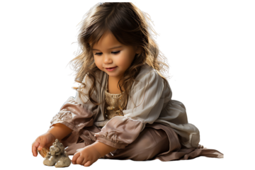A two-year-old girl is sitting collecting beads from small beads Isolated on transparent background