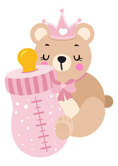 Fototapeta premium Cute baby girl teddy bear holding a baby bottle of milk