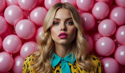 Obraz premium Fashionable woman in stylish outfit with pink balloons.