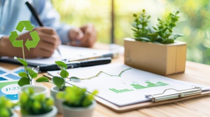 Person analyzing green reports with small plants and a recycling symbol on a desk, promoting environmental sustainability and eco-friendly practices.