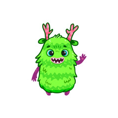 Cute cartoon monster on white background. Green Monster Icon. Happy Alien. Doodle Funny monster. 