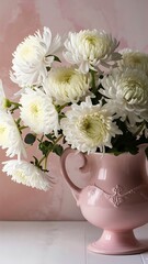 Chrysanthemum flowers in white jug on pink background