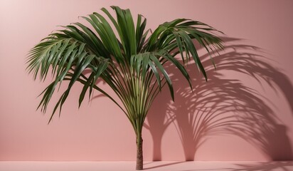 Obraz premium Palm leaf casting shadows on pink wall, simple elegance.