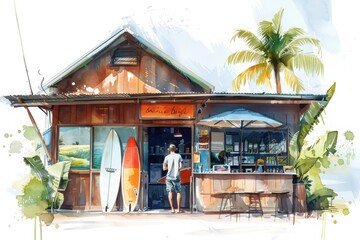 A vibrant beach shack with surfboards, tropical palm trees, and a person standing outside. Watercolor illustration highlighting coastal vibes.