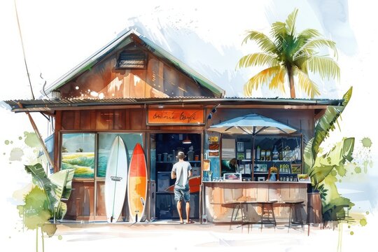 A vibrant beach shack with surfboards, tropical palm trees, and a person standing outside. Watercolor illustration highlighting coastal vibes.