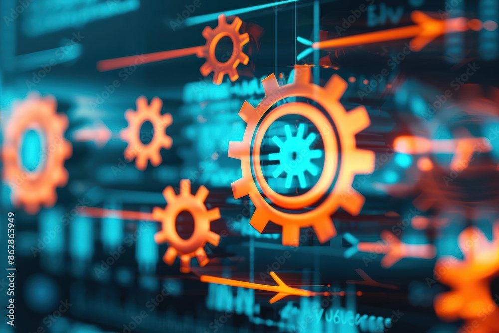 Wall mural close-up of orange gears on a digital screen symbolizing modern technology, automation, and data pro