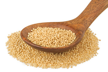 Amaranth grain seeds in wooden spoon isolated on white background