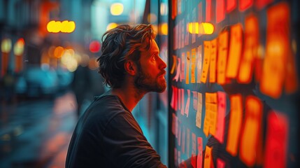 Man Looking at Sticky Notes in Street. Man closely examining sticky notes on a window display in a street, illuminated by warm evening lights.