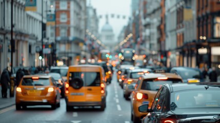 Fototapeta premium Urban Street with Traffic and Historic Building. Busy city street filled with cars and cabs, leading to a historic building in the background, showcasing urban life.