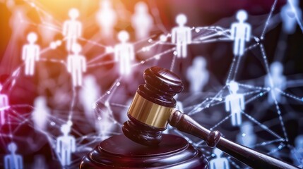 The image shows a wooden judge's gavel resting on a sound block with a glowing network of connected people in the background.