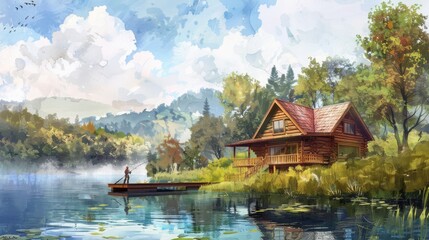 Obraz premium Beautiful watercolor painting of a serene lakeside cabin with vibrant nature scenery and calm waters.