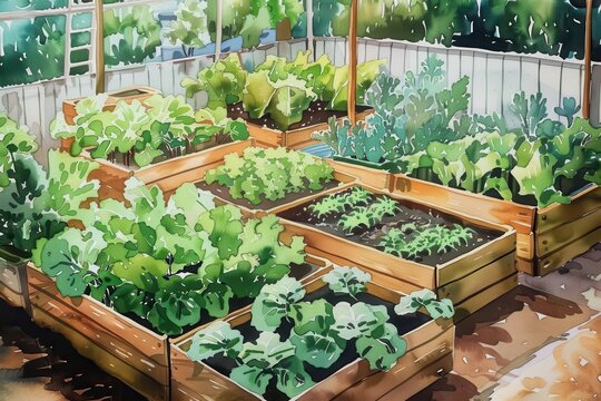 Beautiful vegetable garden with lush green plants in wooden raised beds under sunlight, perfect for gardening enthusiasts and nature lovers.