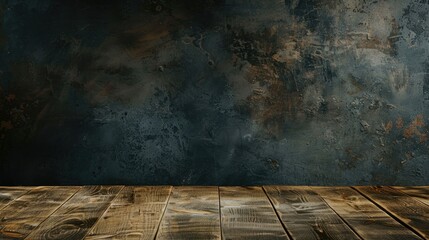 A wooden table is in front of a dark room wall background for advertising and product placement