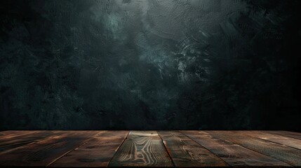 A wooden table is in front of a dark room wall background for advertising and product placement