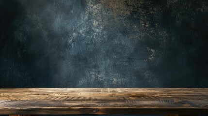 A wooden table is in front of a dark room wall background for advertising and product placement